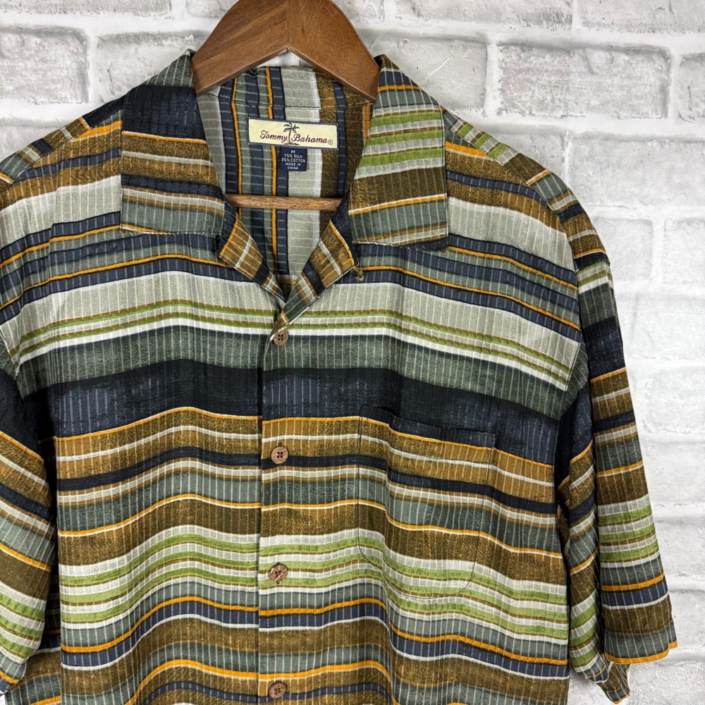 Tommy Bahama Mens Silk Cotton Stripe Short Sleeve Camp Shirt Green Gold Medium